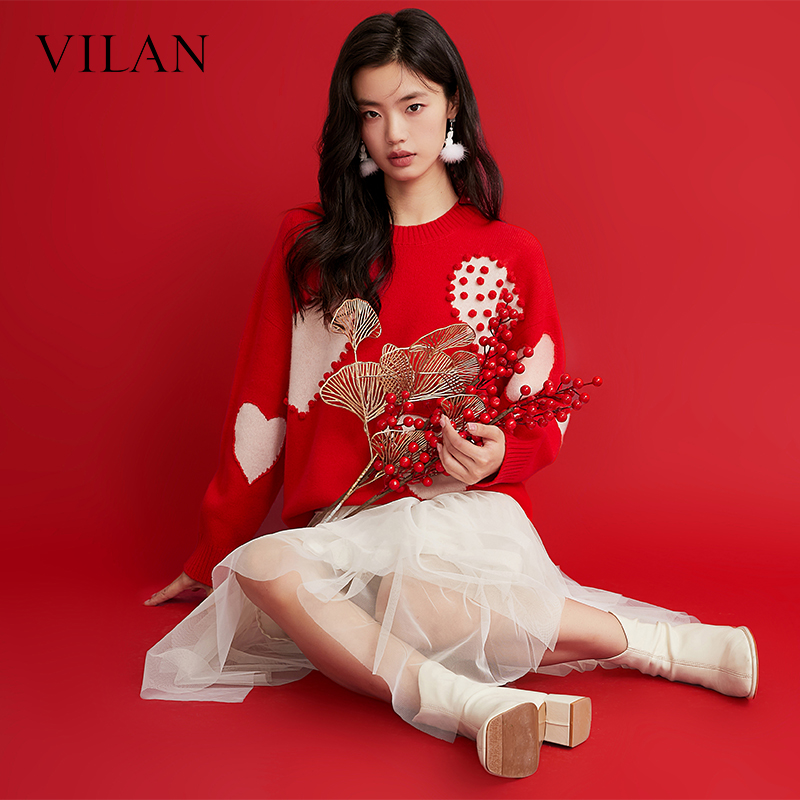 vilan/慧兰毛衣女气质春季新款通勤复古撞色开通圆领羊毛针织衫女 - 图1