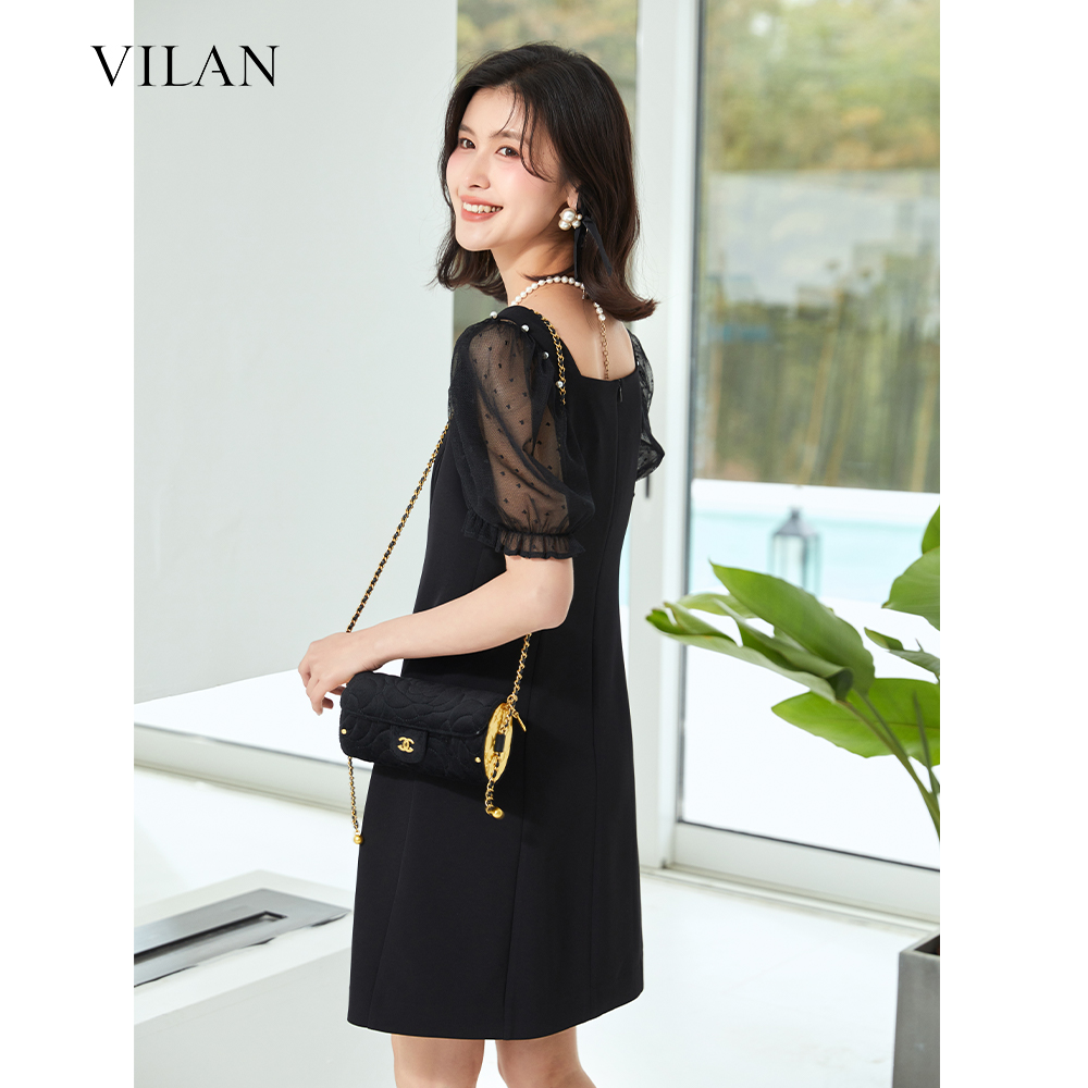 vilan/慧兰黑色连衣裙气质名媛高端女神范高级感礼服小黑裙泡泡袖