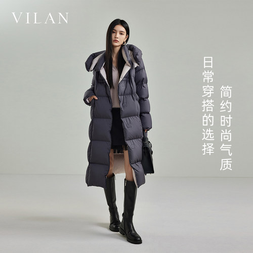 vilan/慧兰白鹅绒长款过膝羽绒服保暖连帽外套女 2025冬季新款 - 图1