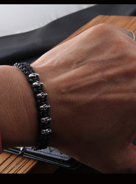 骷髅手链 正品925银饰 纯手工编织 时尚个性设计潮牌潮男风格元素