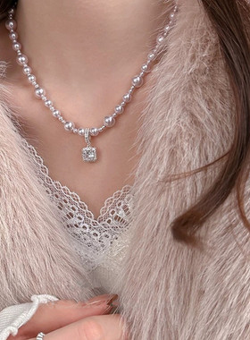 曼塔玫瑰方钻施家珍珠项链轻奢小众高级感颈链毛衣链气质锁骨链女