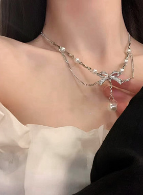 时尚气质双层蝴蝶结珍珠项链女小众设计高级感锁骨链2024新款爆款