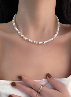 法式正圆施家珍珠项链2025年新款网红项链毛衣链文艺复古时尚颈链