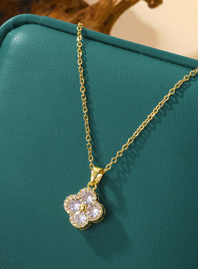 跨境热销满钻锆石幸运四叶草钛钢项链女ins风轻奢百搭锁骨链饰品