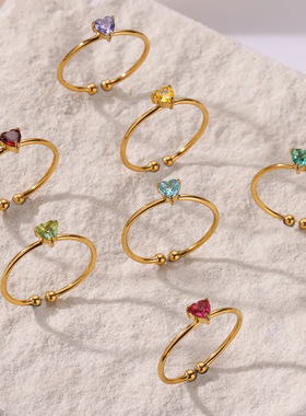 热卖超细微镶锆石生日石戒指钛钢镀18K开口可调节金色简约星座