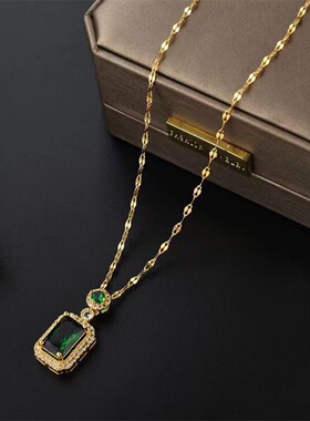 经典锆石祖母绿水晶几何耳环项链戒指套装复古高级气质锁骨链饰品