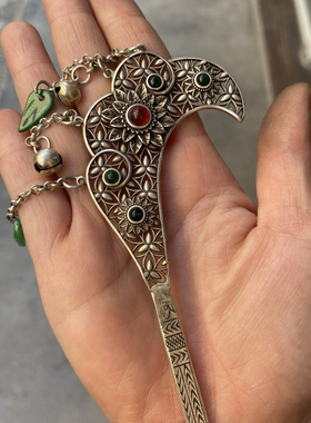 仿古铜镀银少数民族手工苗银发簪月带坠款古装古风盘发多款头饰