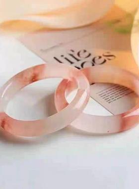 新中式桃花酿手镯天然金丝玉正圈真玉石手镯少女樱花粉玉镯子送礼