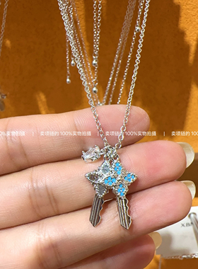 卖项链的◆蓝色小花钥匙  时尚小众设计银色锁骨链项链饰品女