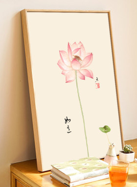 新中式客厅装饰画餐厅壁画原木风玄关挂画书房茶室荷花背景墙禅意