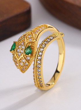 02705欧美跨境原创绿眼满钻灵蛇戒指3蛇形时尚个性高级锆石指环女
