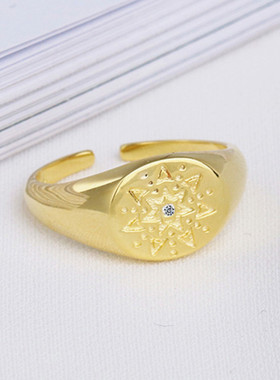 欧美气质冷淡风镶钻指南针戒指女时尚个性太阳花图案指环开口饰品