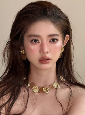 水舞D1195 康康老师同款新娘项链复古棕色树脂金属拼接锁骨链颈链