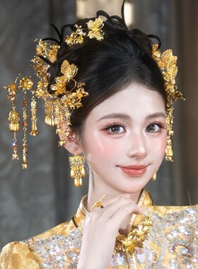 水舞U2575 金色中式新娘秀禾头饰精致流苏发簪高级感龙凤褂发饰