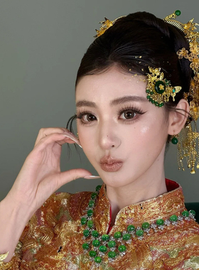 水舞U2338 中式金绿色串珠蝴蝶新娘秀禾服发钗古典龙凤褂发饰配饰