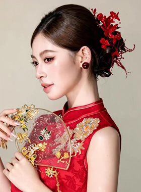 水舞U2581 手作细闪红色蝴蝶花朵新中式新娘头饰晨袍敬酒服后区
