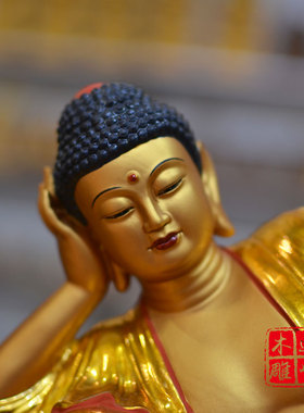 桧木实木雕刻卧佛释迦摩尼佛佛像摆件阿弥陀佛金刚台安金彩绘