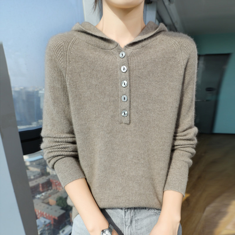 秋冬100%纯羊毛帽衫女半开领纽扣连帽针织毛衣宽松慵懒羊绒衫卫衣,淘宝优惠券,粉丝福利购,淘宝优惠卷