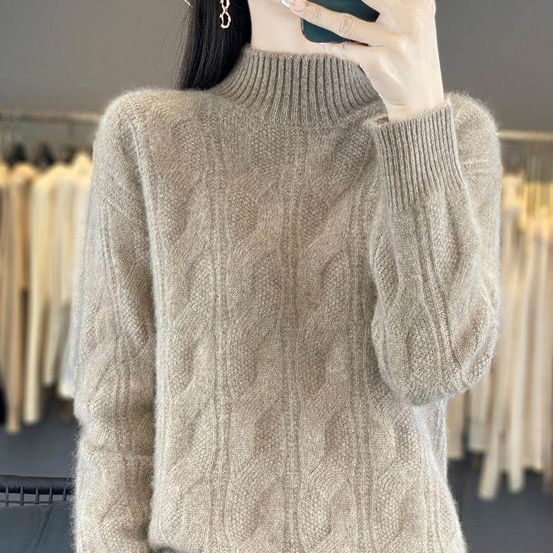 加厚100%纯羊毛衫女半高领扭花针织套头毛衣宽松百搭羊绒打底上衣,淘宝优惠券,粉丝福利购,淘宝优惠卷