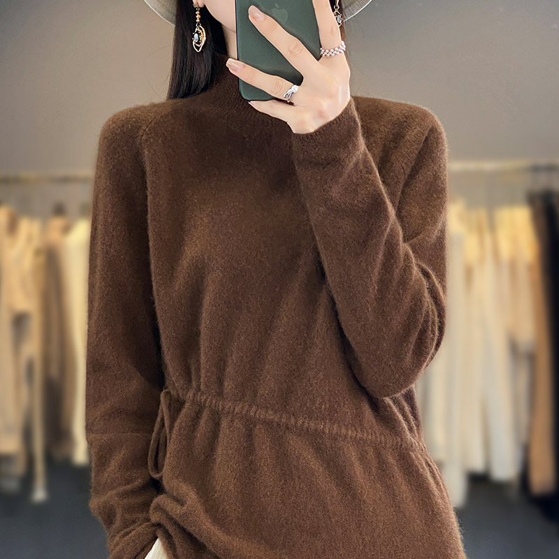 半高领中长款100%纯羊毛衫女秋冬新款抽绳针织毛衣宽松羊绒打底衫,淘宝优惠券,粉丝福利购,淘宝优惠卷