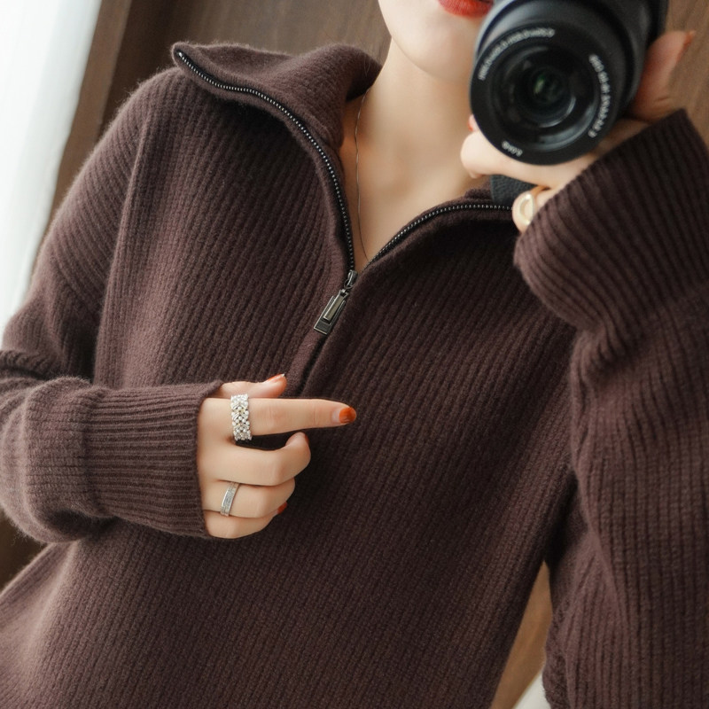 半开领拉链100%纯羊毛衫女高领加厚长袖毛衣宽松羊绒针织打底上衣,淘宝优惠券,粉丝福利购,淘宝优惠卷