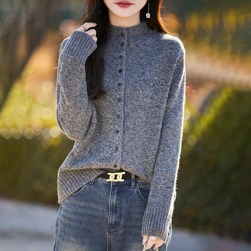 秋冬卷边半高领精纺羊毛开衫女花纱针织毛衣外套宽松休闲百搭上衣 - 图0