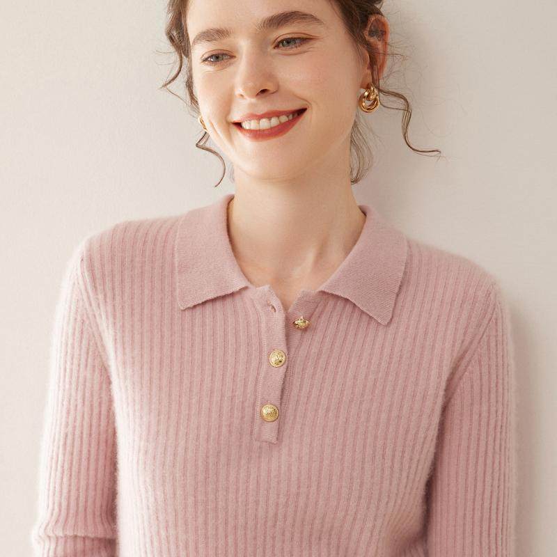 秋冬轻奢级山羊绒衫女半开POLO领坑条毛衣修身显瘦针织羊毛衫打底,淘宝优惠券,粉丝福利购,淘宝优惠卷