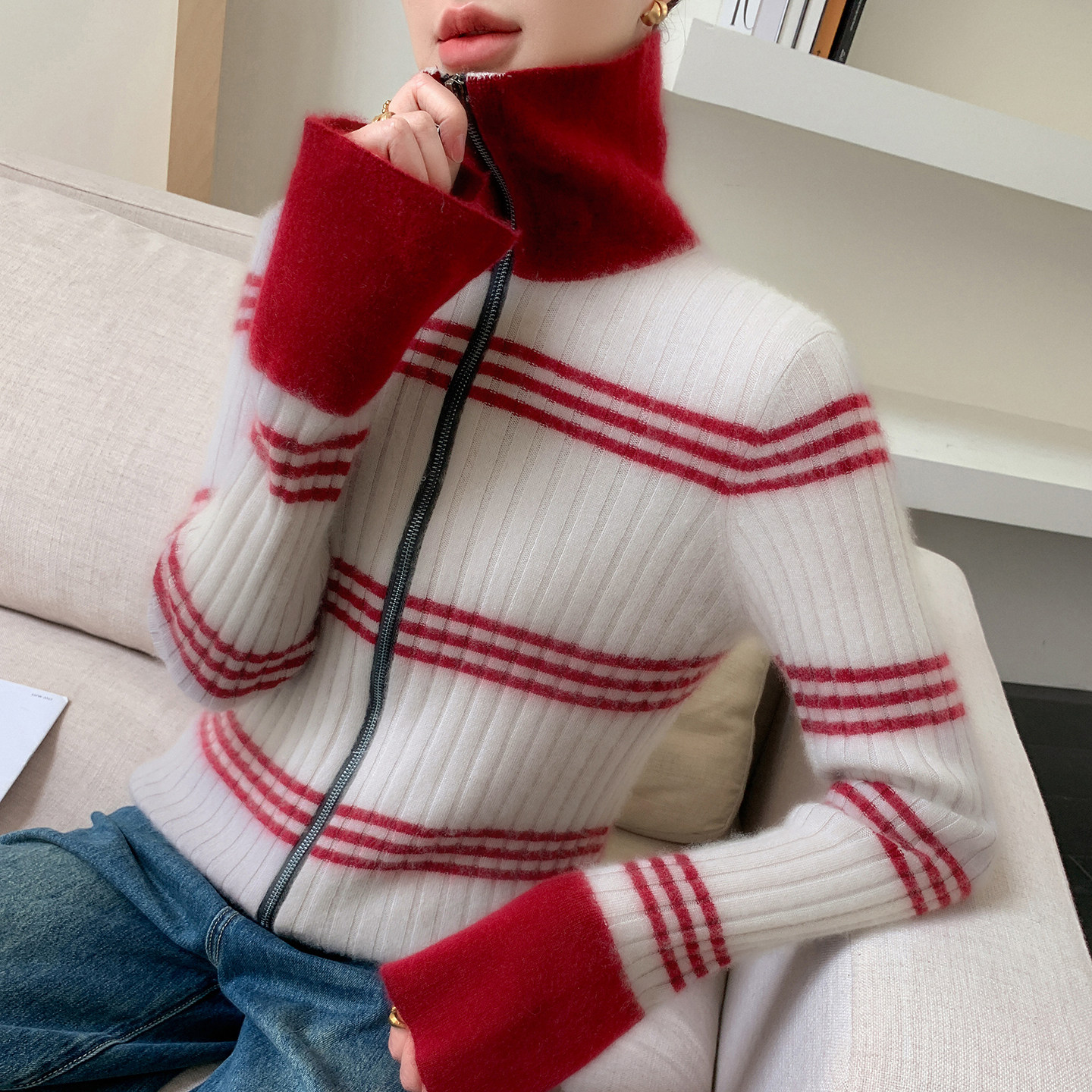 秋冬baby小山羊绒开衫女高领拼色双拉链针织毛衣宽松外套羊毛上衣,淘宝优惠券,粉丝福利购,淘宝优惠卷