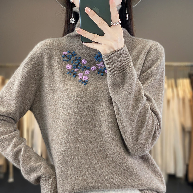 堆堆领100%纯羊毛衫女秋冬新款手工刺绣高领梅花羊绒衫百搭打底衫,淘宝优惠券,粉丝福利购,淘宝优惠卷