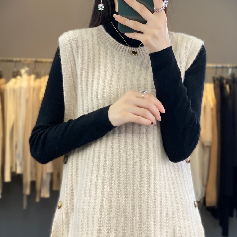 秋冬新款100%羊毛马甲女系扣开叉无袖背心针织毛衣宽松羊绒衫坎肩,淘宝优惠券,粉丝福利购,淘宝优惠卷