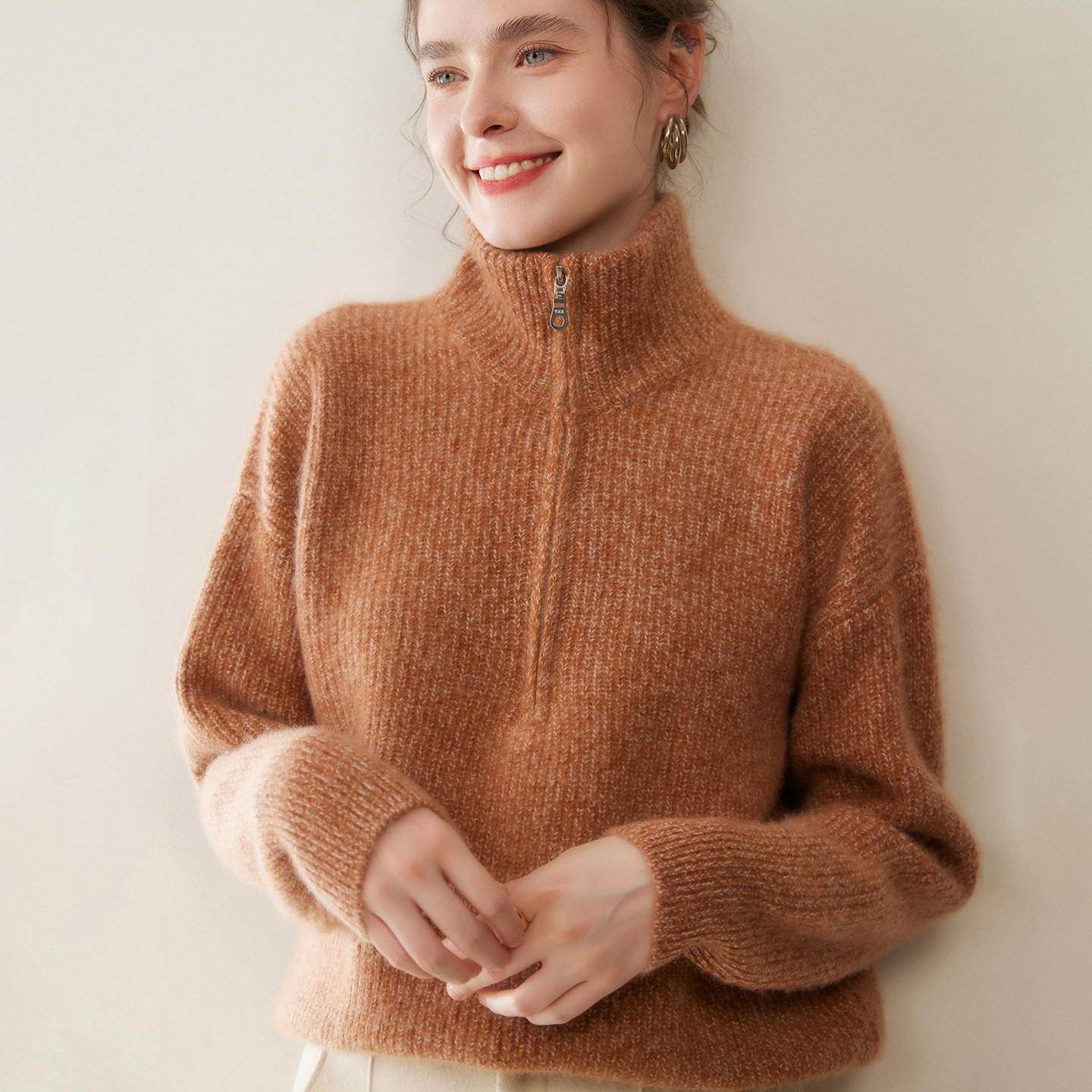 重磅加厚高级感山羊绒衫女高领花纱半拉链针织毛衣宽松慵懒羊绒衫,淘宝优惠券,粉丝福利购,淘宝优惠卷