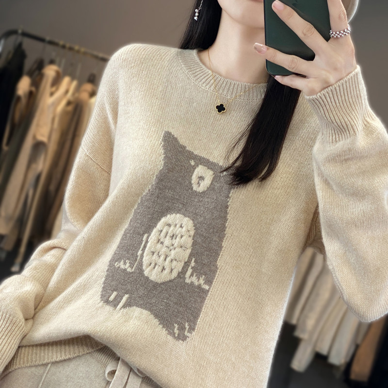 24秋冬新款圆领100%纯羊毛衫女拼色卡通小熊毛衣宽松羊绒针织打底,淘宝优惠券,粉丝福利购,淘宝优惠卷