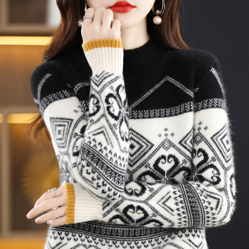 25秋冬新款纯羊毛衫女半高领复古拼色提花宽松羊绒针织内搭打底衫,淘宝优惠券,粉丝福利购,淘宝优惠卷