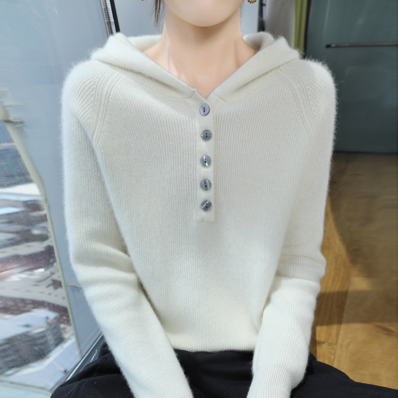 秋冬100%纯羊毛帽衫女半开领纽扣连帽针织毛衣宽松慵懒羊绒衫卫衣,淘宝优惠券,粉丝福利购,淘宝优惠卷