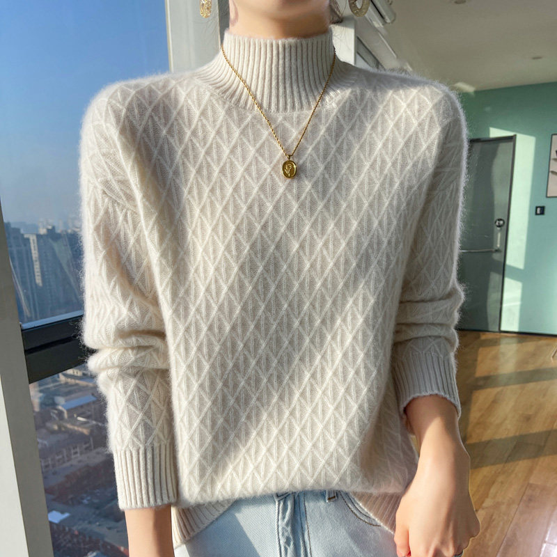 100%纯羊毛衫女半高领菱形扭花长袖毛衣加厚针织宽松羊绒打底上衣,淘宝优惠券,粉丝福利购,淘宝优惠卷