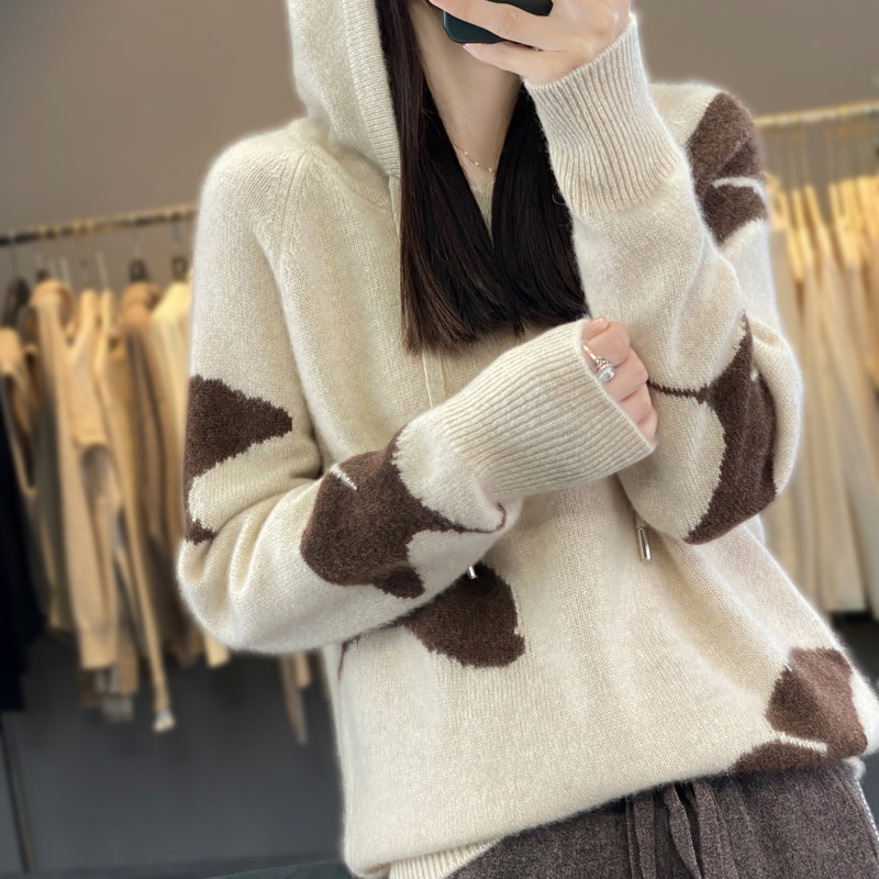 秋冬连帽撞色100%羊毛衫长袖卫衣女宽松带帽慵懒羊绒针织打底帽衫,淘宝优惠券,粉丝福利购,淘宝优惠卷