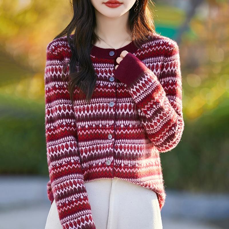 复古拼色加厚100%纯羊毛开衫女圆领圣诞红外套毛衣宽松羊绒衫上衣 - 图2