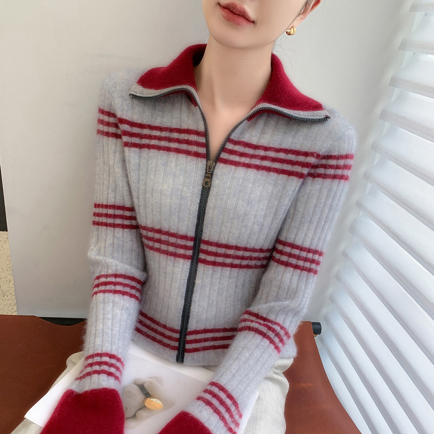 秋冬baby小山羊绒开衫女高领拼色双拉链针织毛衣宽松外套羊毛上衣,淘宝优惠券,粉丝福利购,淘宝优惠卷