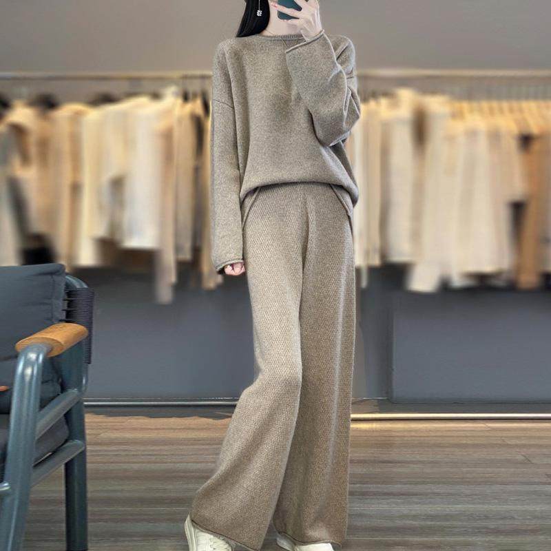 秋冬100%纯羊毛衫阔腿裤两件套女圆领长袖毛衣宽松羊绒衫长裤套装,淘宝优惠券,粉丝福利购,淘宝优惠卷