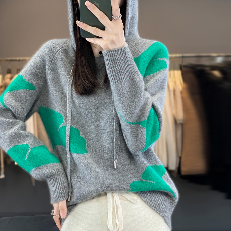 秋冬连帽撞色100%羊毛衫长袖卫衣女宽松带帽慵懒羊绒针织打底帽衫,淘宝优惠券,粉丝福利购,淘宝优惠卷