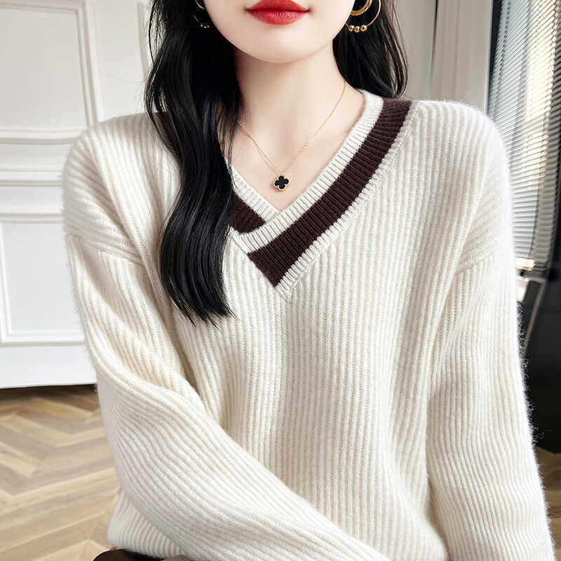 交叉V领100%纯羊毛衫女拼色提花加厚长袖毛衣宽松羊绒衫打底上衣,淘宝优惠券,粉丝福利购,淘宝优惠卷