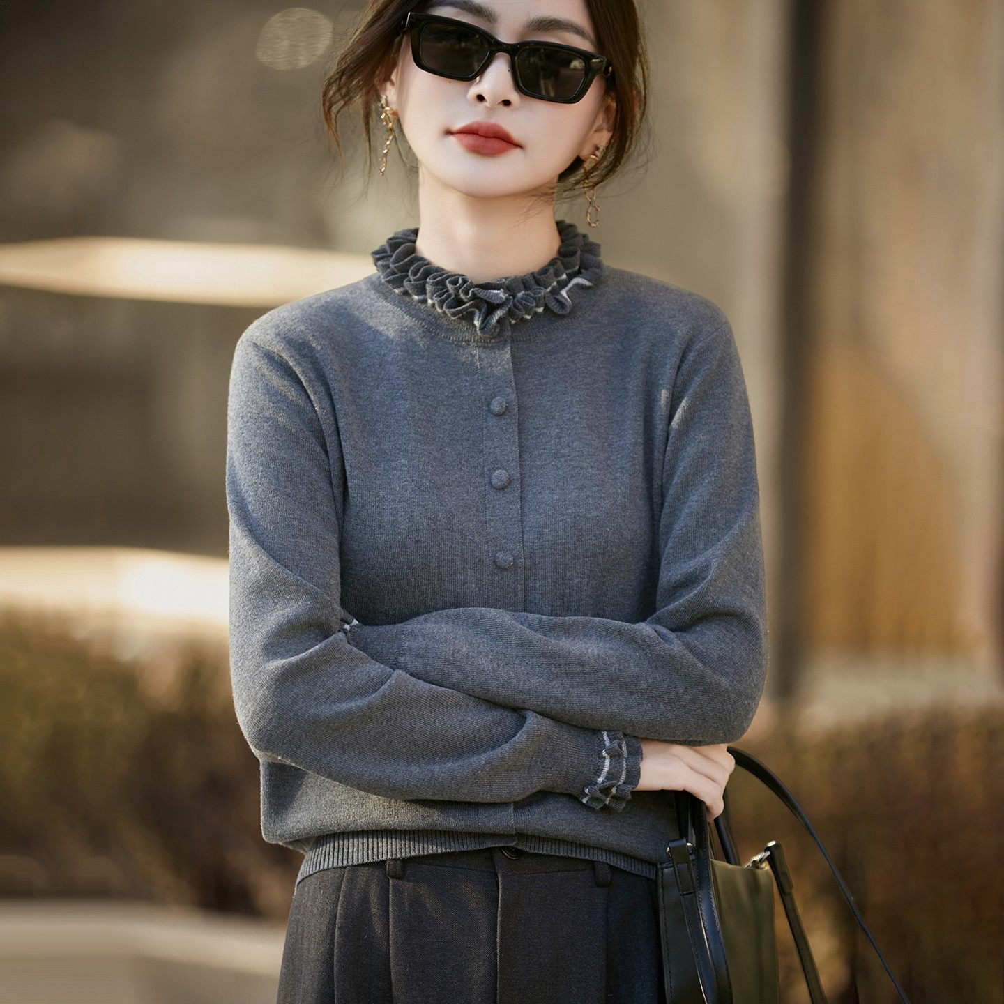 2026新款木耳边立领精纺羊毛开衫女气质长袖针织毛衣宽松百搭外套,淘宝优惠券,粉丝福利购,淘宝优惠卷