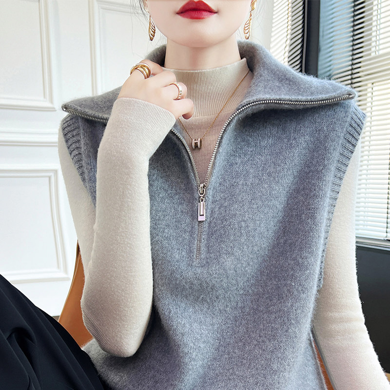 半开领拉链100%纯羊毛马甲女宽松毛衣坎肩针织衫羊绒叠穿无袖上衣,淘宝优惠券,粉丝福利购,淘宝优惠卷