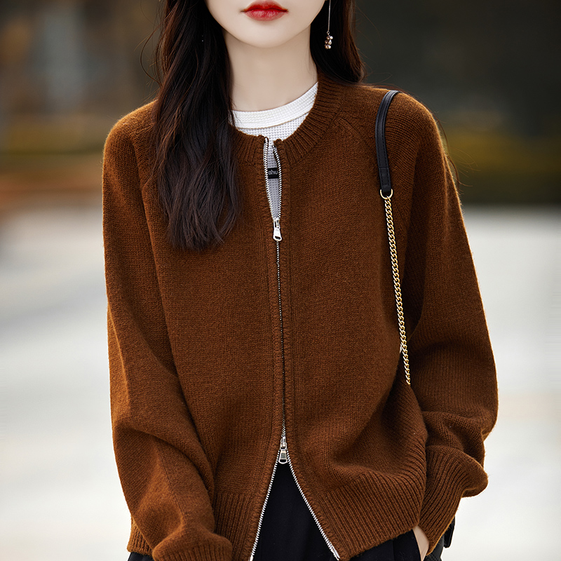 100%纯羊毛开衫女圆领双拉链加厚长袖外套毛衣宽松短款羊绒衫外搭,淘宝优惠券,粉丝福利购,淘宝优惠卷