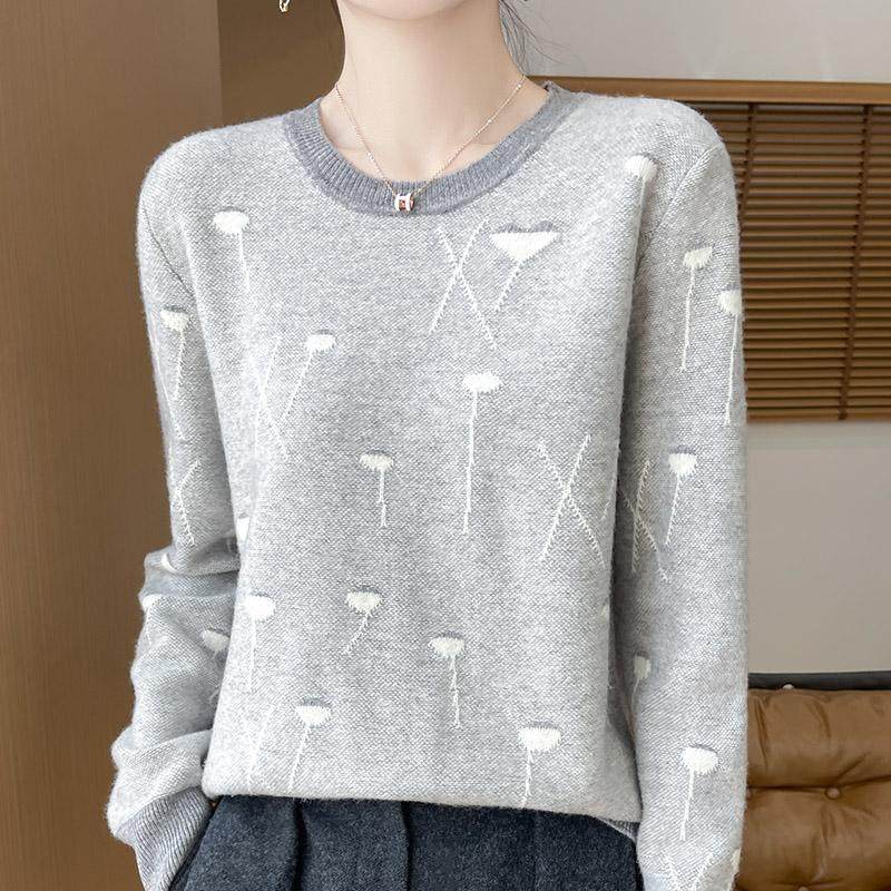 秋冬100%纯羊毛衫女圆领提花拼色长袖针织毛衣宽松羊绒衫打底上衣,淘宝优惠券,粉丝福利购,淘宝优惠卷