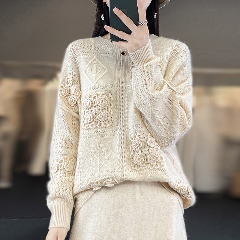 重磅加厚100%纯羊毛衫女圆领刺绣钩花针织毛衣宽松慵懒打底羊绒衫,淘宝优惠券,粉丝福利购,淘宝优惠卷
