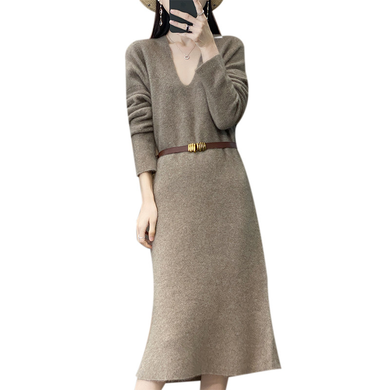中长款100%纯羊毛衫女秋冬新款V领过膝连衣裙宽松慵懒羊绒衫打底,淘宝优惠券,粉丝福利购,淘宝优惠卷
