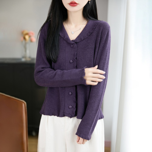 法式温柔风木耳边V领精纺羊毛衫针织开衫女紫色毛衣外套显瘦上衣 - 图3