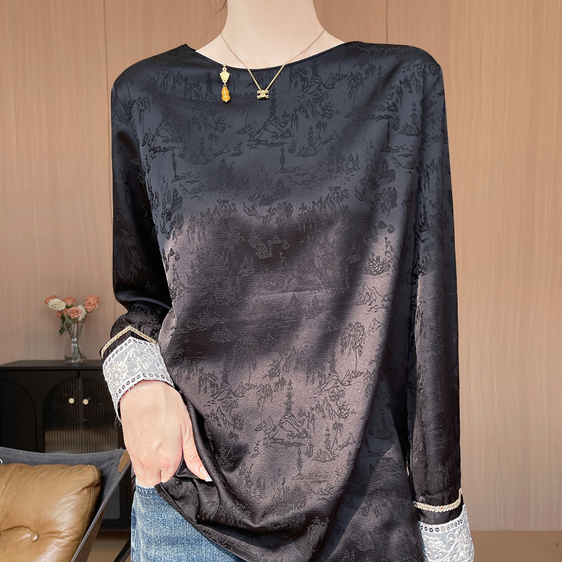 新中式国风缎面真丝衬衣女圆领刺绣亮片桑蚕丝提花醋酸打底衫上衣 - 图2
