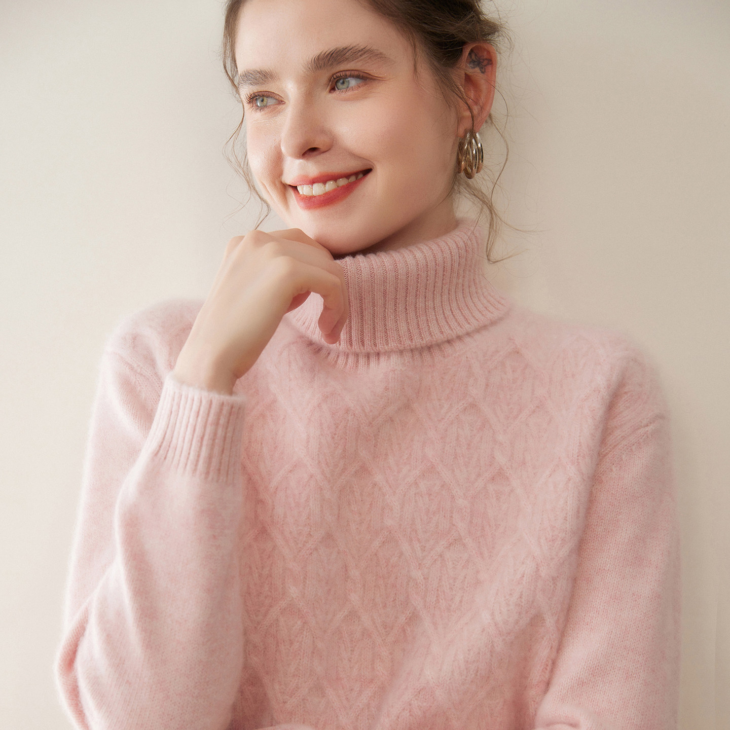 五针三股加厚高级感山羊绒衫女高领菱形提花针织毛衣宽松羊毛打底,淘宝优惠券,粉丝福利购,淘宝优惠卷